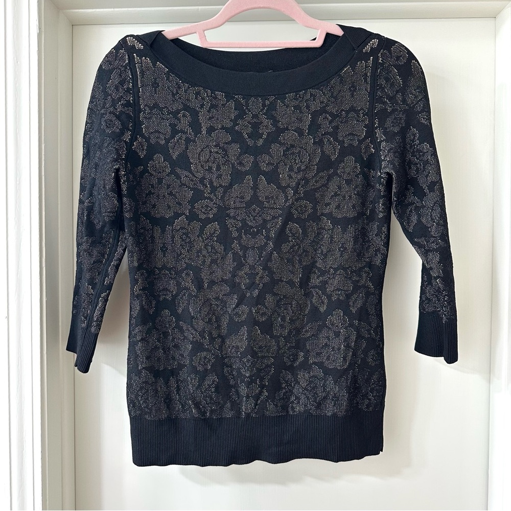 Ann Taylor Black Floral 3/4 Sleeve Sweater with Tan Underlay, Size Medium